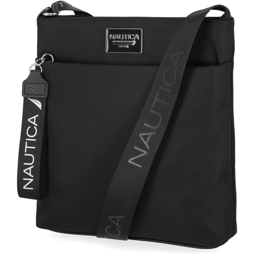 Women's Black Enamel Nylon Crossbody Bag Purse with Adjustable Shoulder Strap